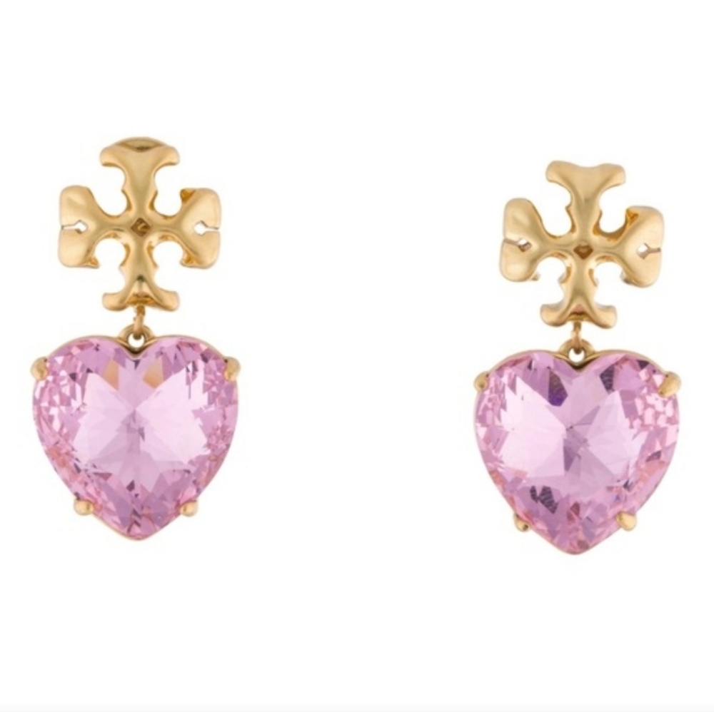 LOW START Tory Burch Gold and Pink Faceted Heart Earrings - Picture 8 of 8